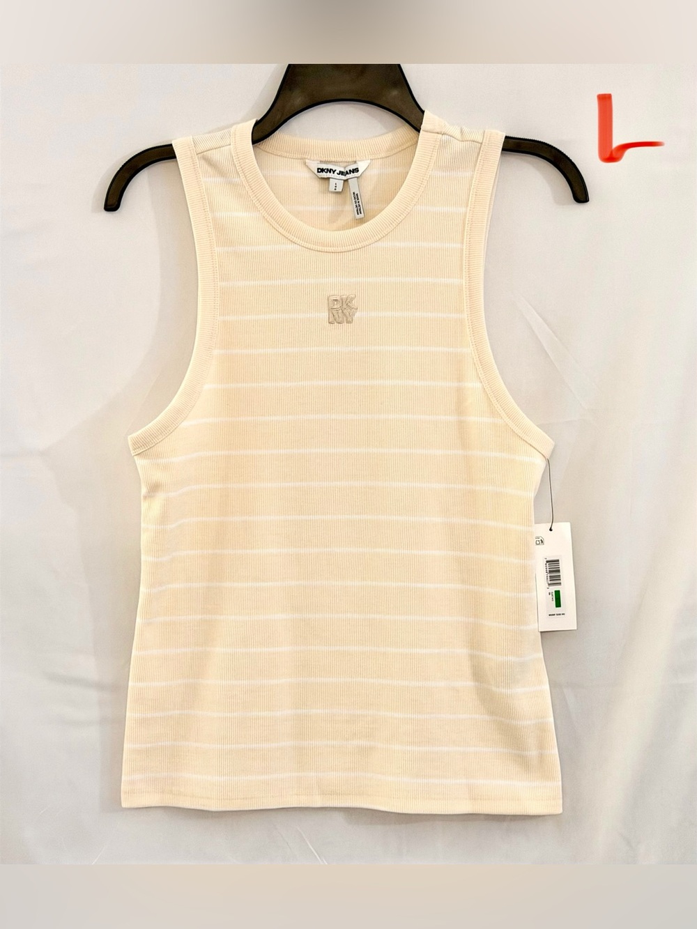 DKNY Cream and White Striped Ribbed Tank